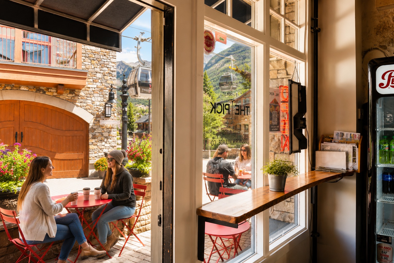 Guests enjoying coffee and burritos at The Pick's outdoor bistro tables in Mountain Village, with the Telluride gondola passing overhead