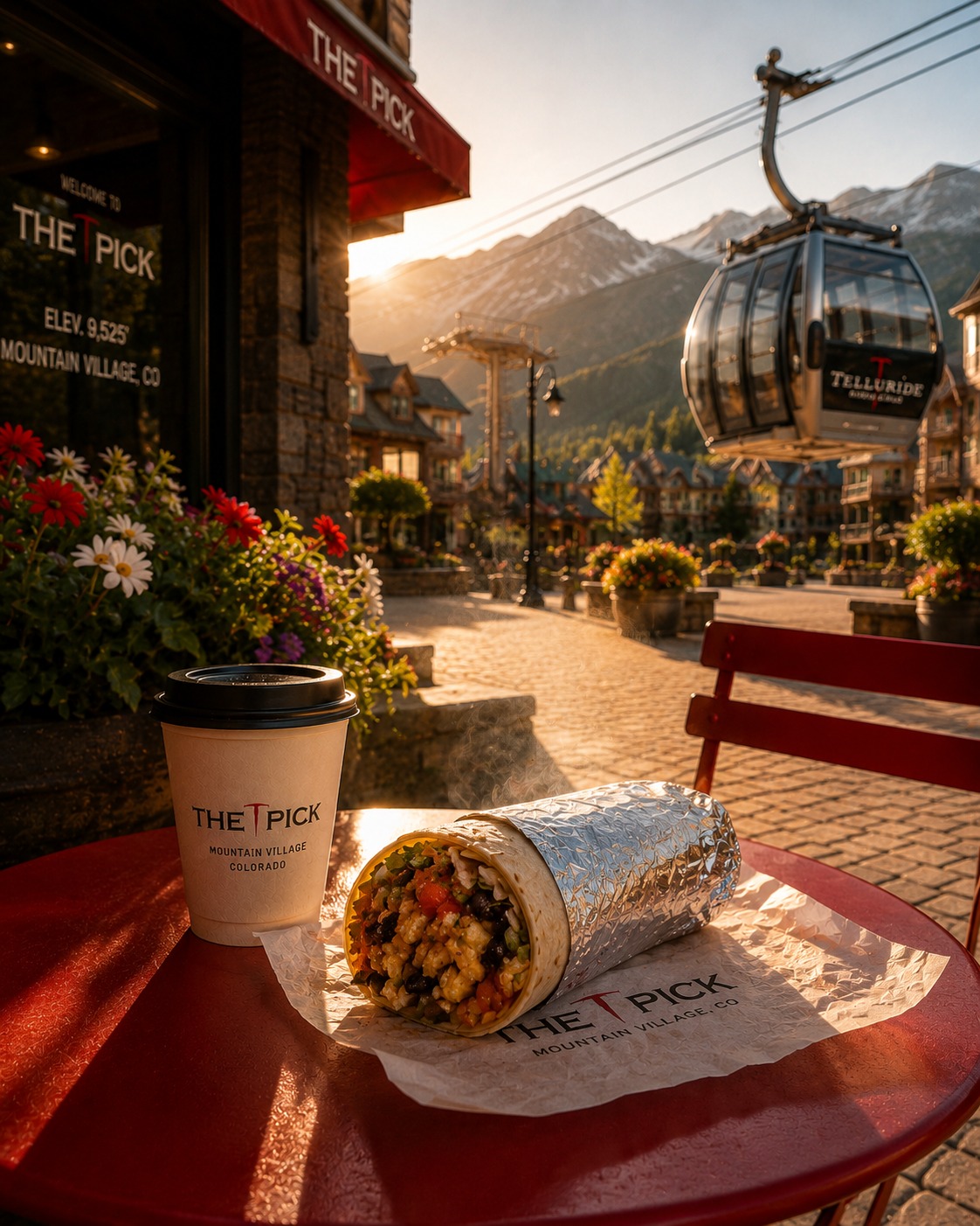 A breakfast burrito and coffee from The Pick on a red outdoor table at golden hour, with the Telluride gondola and mountains in the background