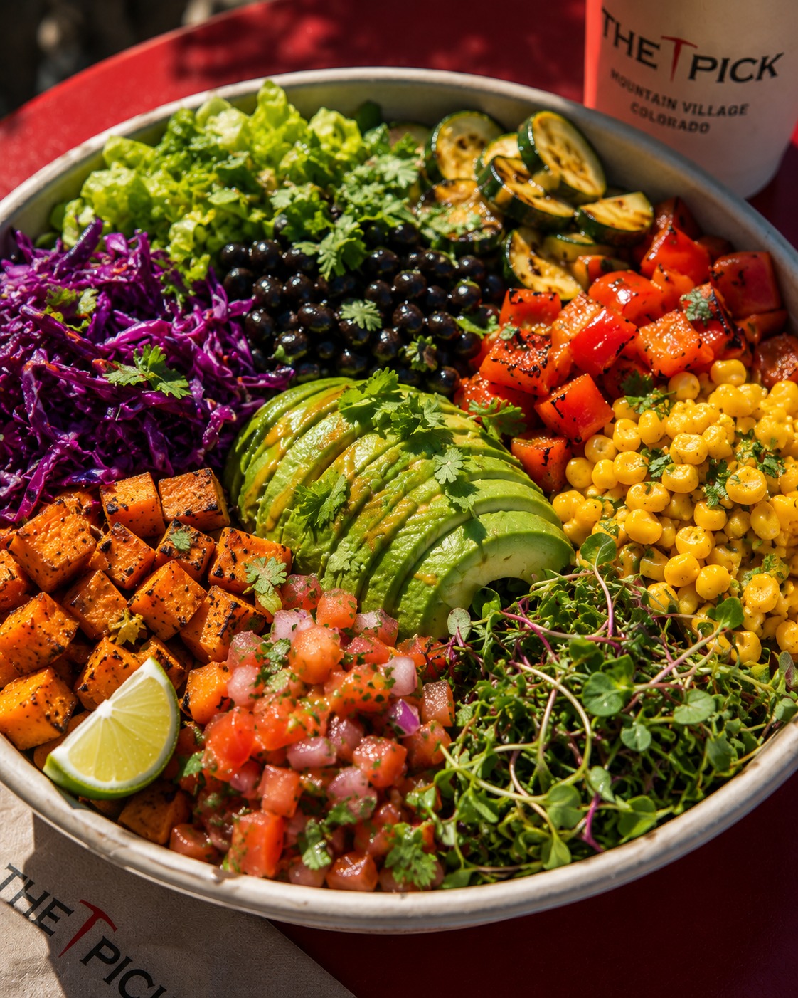 A colorful gluten-free vegan bowl from The Pick with avocado, black beans, roasted vegetables, and corn