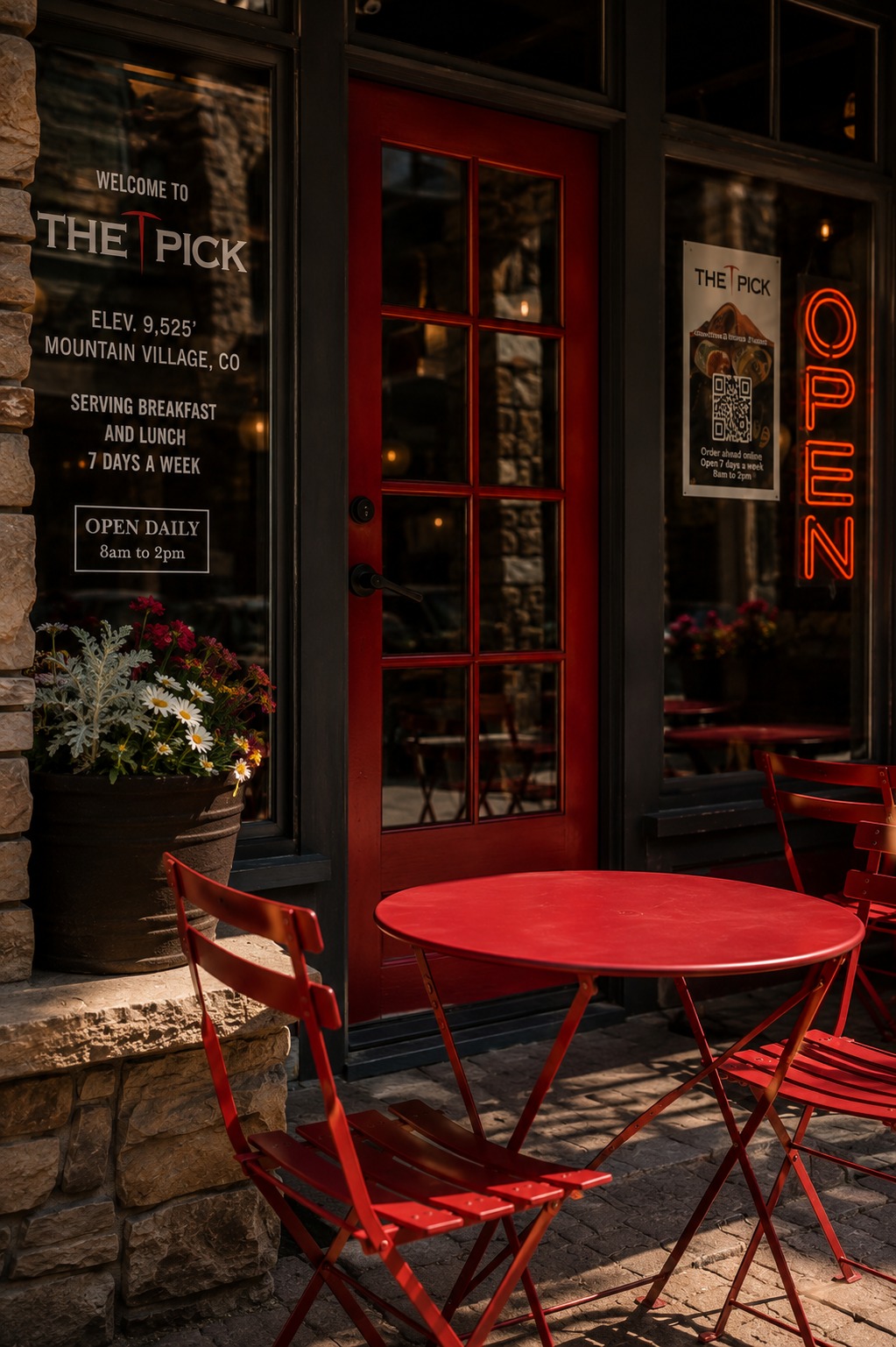 The Pick's red front door and outdoor bistro table, with the Welcome to The Pick window signage and OPEN neon sign, Mountain Village Core