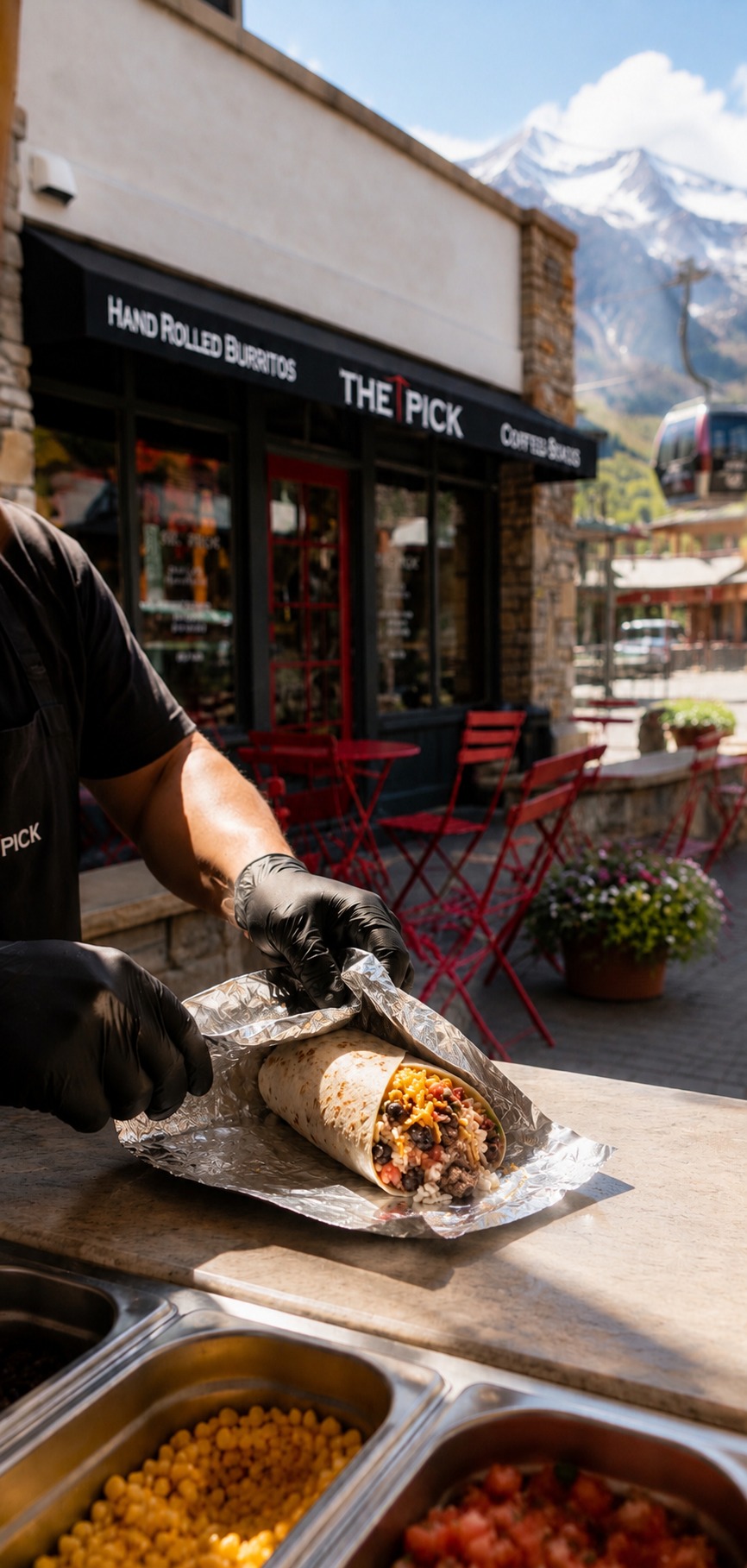 The Pick storefront in Mountain Village, Telluride, with a hand-rolled burrito being wrapped and the gondola in the background