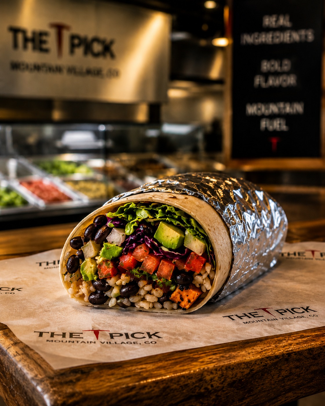 A hand-rolled burrito from The Pick, sliced open to show black beans, avocado, rice, and vegetables, with the counter and Real Ingredients Bold Flavor Mountain Fuel signage in the background